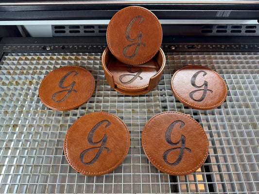 4" Leather Coasters - Engraved with Your Logo or Monogram - 6pc