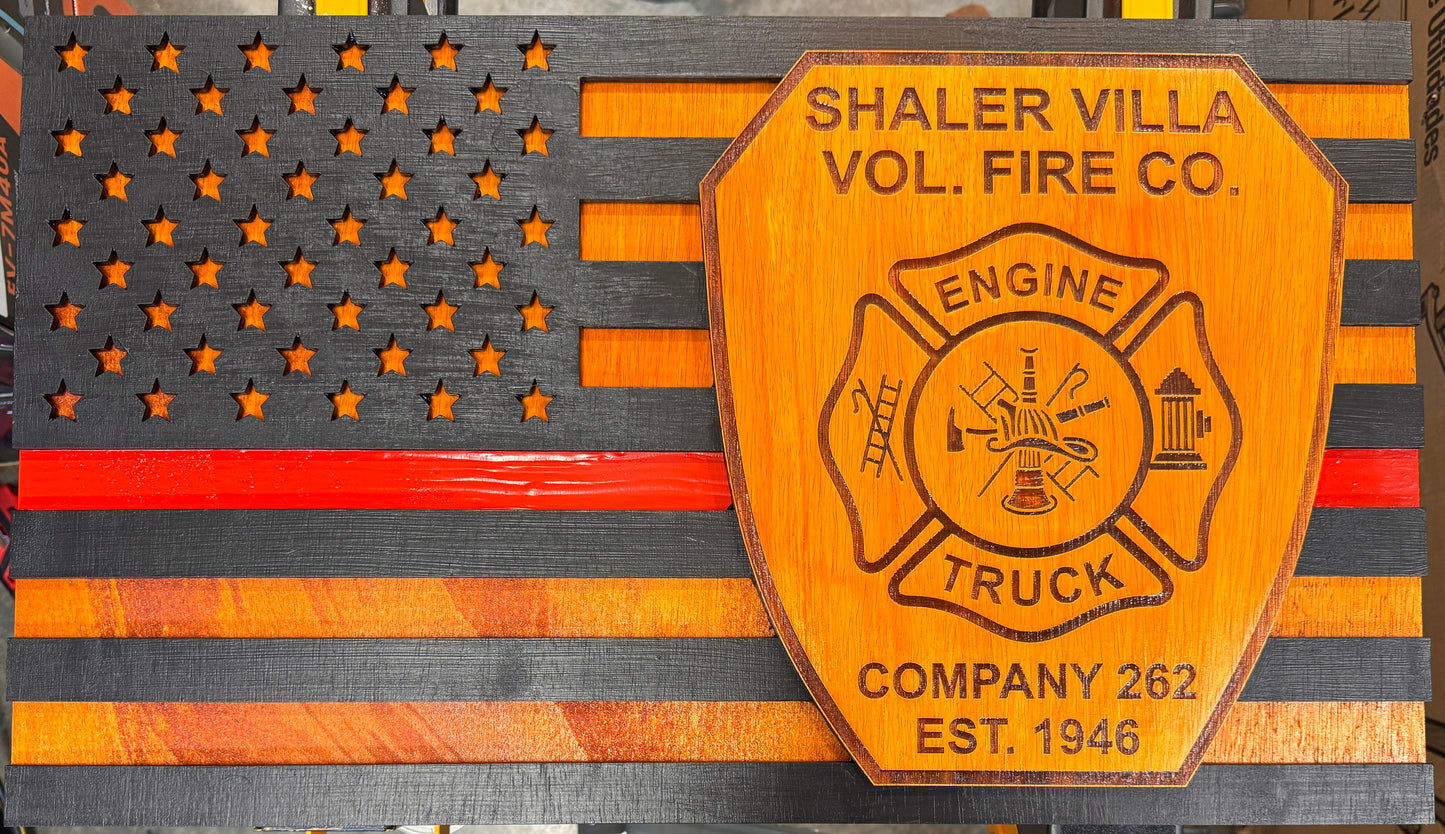 Personalized Laser Engraved/Cut Wooden Logo American Flag w/ Thin Line - Firefighter,Police,  First Responder, Paramedic, EMS, Rustic Finish