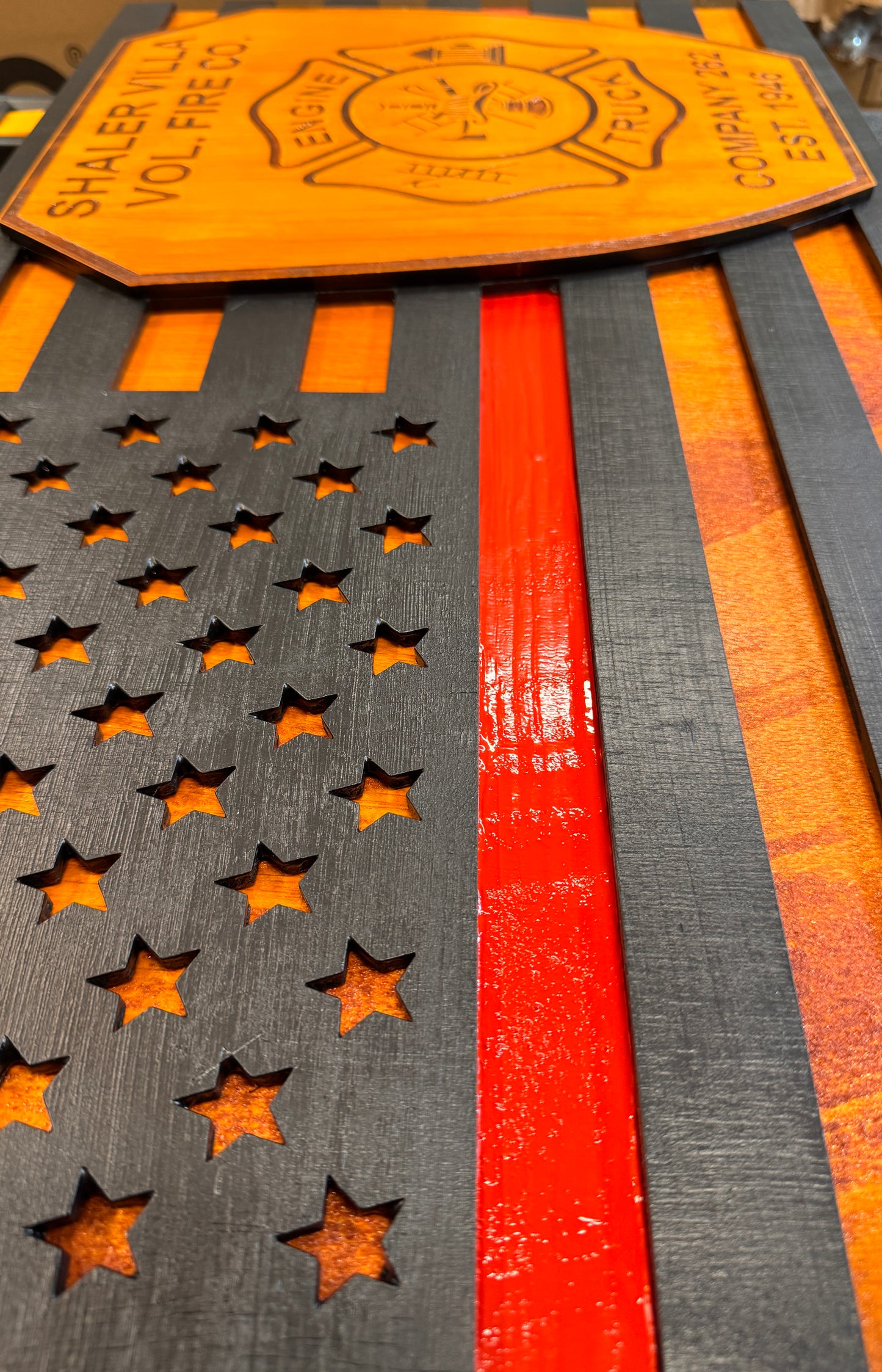 Personalized Laser Engraved/Cut Wooden Logo American Flag w/ Thin Line - Firefighter,Police,  First Responder, Paramedic, EMS, Rustic Finish